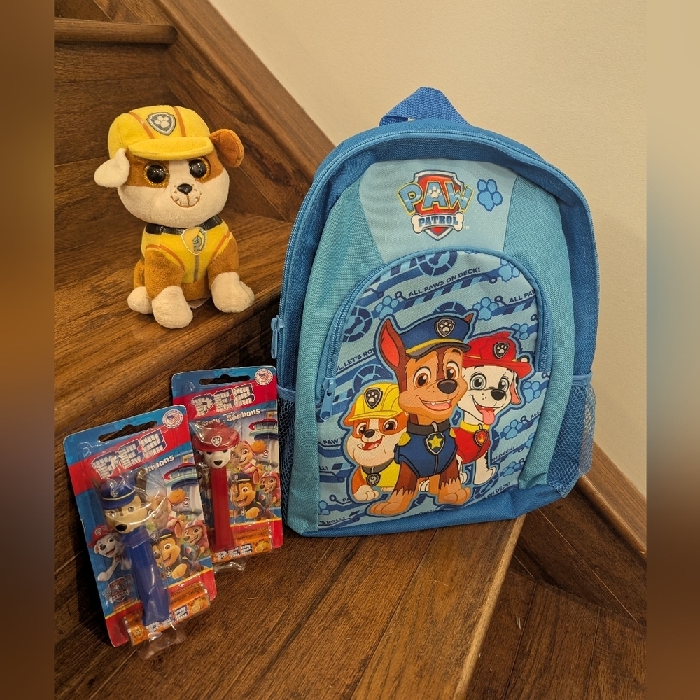 PAW Patrol Bundle Blue Backpack with Plush Rubble, & Chase & Marshall Pez